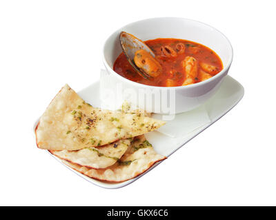 Soupe de fruits de mer avec focaccia Banque D'Images