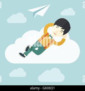 Asian man allongé sur un nuage avec l'avion en papier. Illustration de Vecteur