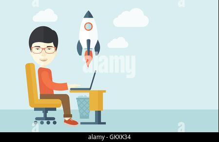 L'homme asiatique et son ordinateur portable. Illustration de Vecteur