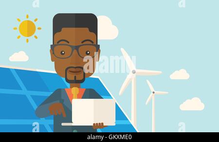 African man with laptop en panneau solaire. Illustration de Vecteur