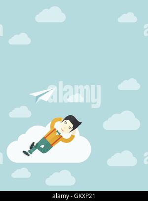 Asian man allongé sur un nuage avec l'avion en papier. Illustration de Vecteur