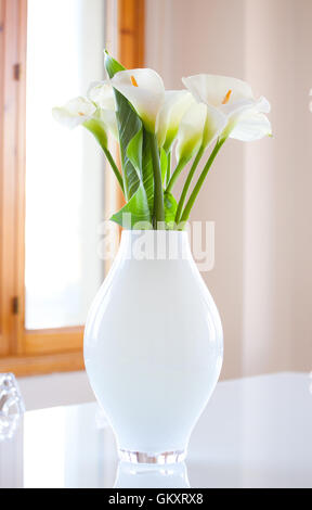 Lily of the Nile (Zantedeschia aethiopica) fleurs dans un vase blanc. La photographie très lumineux. Banque D'Images