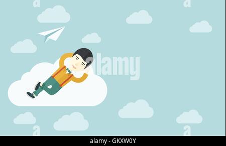 Asian man allongé sur un nuage avec l'avion en papier. Illustration de Vecteur