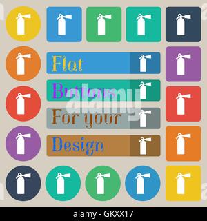 L'icône de l'extincteur signe. Ensemble de vingt plats, ronds de couleur, boutons carrés et rectangulaires. Vector Illustration de Vecteur