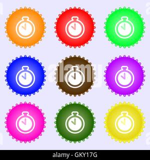 L'icône chronomètre signe. Une série de 9 étiquettes de couleurs différentes. Vector Illustration de Vecteur