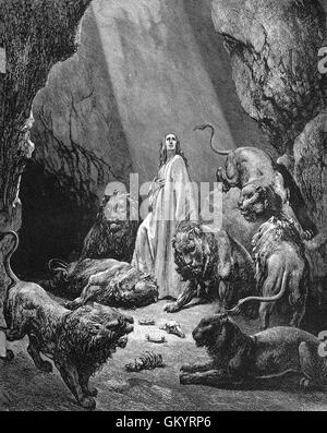 Gravure de Daniel dans la fosse aux lions par Gustave Doré Banque D'Images