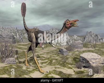 Dinosaure Mononykus manger un lézard gecko marche dans le désert, à côté de tamaris arbres - 3D render Banque D'Images