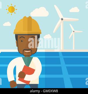 Homme noir à panneau solaire et moulins à vent. Illustration de Vecteur