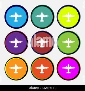 L'icône avion signe. 9 boutons ronds multicolores. Vector Illustration de Vecteur