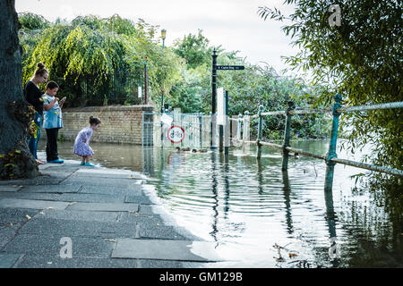 Les enfants nourrir les canards à grande eau et d'inondation sur la Tamise à Twickenham, London, UK Banque D'Images