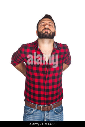 Bûcheron en chemise à carreaux avec dos isolé sur fond blanc. Banque D'Images