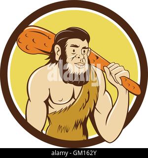 L'homme de Neandertal Holding Cercle Club Cartoon Illustration de Vecteur