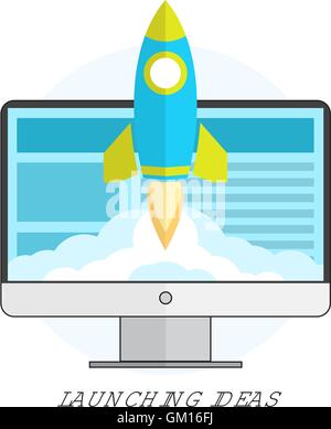 Le lancement d'idées. Concept de démarrage. Modèle plat. Lancement de fusée. Illustration de Vecteur