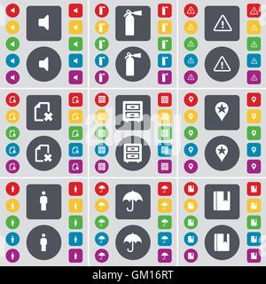Son, extincteur, Avertissement, fichier, double-table, Checkpoint, Silhouette, parapluie, symbole de l'icône du dictionnaire. Un grand ensemble de télévision, boutons de couleur pour votre conception. Vector Illustration de Vecteur