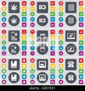 La marijuana, batterie, calculatrice, calendrier, Smartphone, ordinateur portable, Dictionnaire, fenêtre, icône Téléphone rétro symbole. Un grand ensemble de télévision, boutons de couleur pour votre conception. Vector Illustration de Vecteur