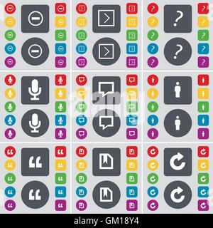 Moins, Flèche vers la droite, le point d'interrogation, Microphone, Chat bulle, symbole icône SILH. Un grand ensemble de télévision, boutons de couleur pour votre conception. Vector Illustration de Vecteur