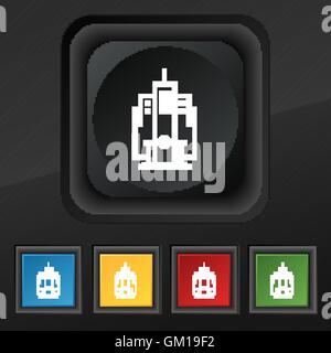 L'icône de gratte-ciel symbole. Ensemble de cinq boutons coloré et élégant sur la texture noire pour votre conception. Vector Illustration de Vecteur