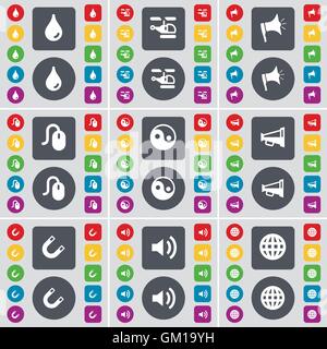 Drop, Helicopter, Megaphone, Mouse, Yin-Yang, Megaphone, Magnet, Sound, Globe icon symbol. A large set of flat, colored buttons for your design. Vector Illustration de Vecteur