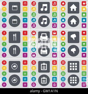 Calendrier, Note, maison,, fourchette et couteau, imprimante, n'aiment pas, le dos, enquête, symbole icône Apps. Un grand ensemble de télévision, boutons de couleur pour votre conception. Vector Illustration de Vecteur