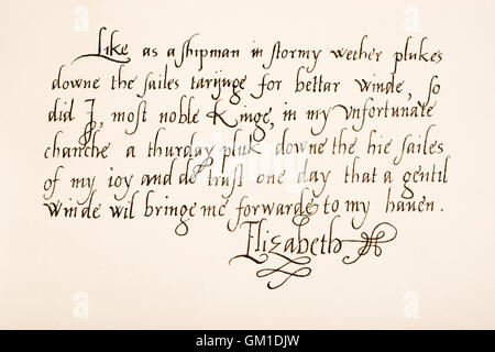 La reine Elizabeth I d'Angleterre, 1533 - 1603. Échantillon d'écriture à la main. Banque D'Images