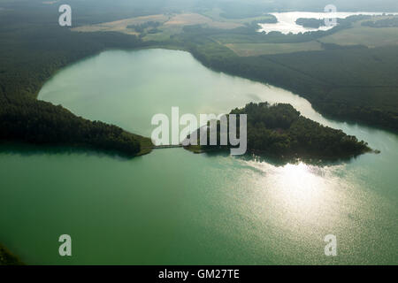 Vue aérienne, Brückentinsee Brückentinsee Hôtel de l'Île Verte, l'eau, l'île, forêt, contrejour, hôtel sur une île, à Neustrelitz, Banque D'Images