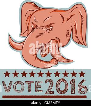 Voter républicain 2016 Mascotte Éléphant Gravure tête Illustration de Vecteur