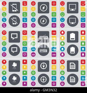 Smartphone, Flash, Moniteur, Chat bulle, clavier, batterie, appareil photo, Boussole, l'icône de fichier symbole. Un grand ensemble de télévision, boutons de couleur pour votre conception. Vector Illustration de Vecteur