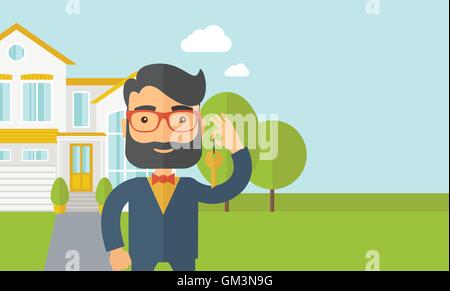 Homme tenant une touche en face de la maison Illustration de Vecteur