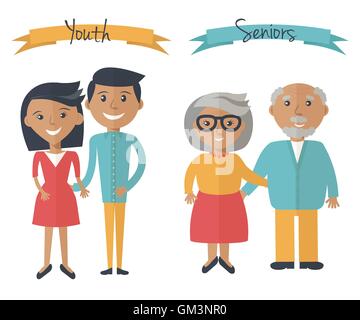 Femme Homme couple et générations. Couple Famille à différents âges. Les jeunes et les personnes âgées personnes isolé sur blanc. Vector illustrati Illustration de Vecteur