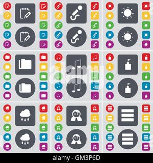 Ordinateur portable, Micro, Lumière, Dossier, remarque, la tour du drapeau, nuage, Avatar, symbole icône Apps. Un grand ensemble de télévision, boutons de couleur pour votre conception. Vector Illustration de Vecteur