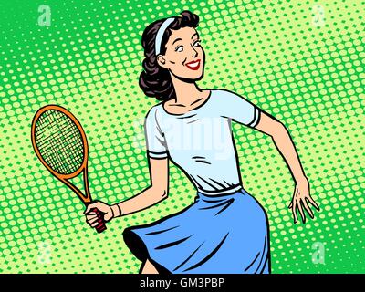 Jeune femme jouant au tennis retro style pop art Illustration de Vecteur