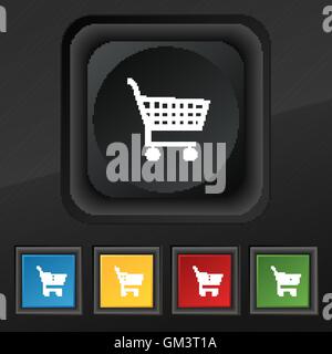 Icône panier symbole. Ensemble de cinq boutons coloré et élégant sur la texture noire pour votre conception. Vector Illustration de Vecteur