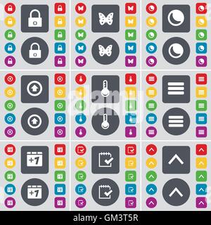 Lock, Papillon, lune, Flèche vers le haut, thermomètre, Apps, plus un, sondage, Flèche vers le haut, symbole de l'icône. Un grand ensemble de télévision, boutons de couleur pour votre conception. Vector Illustration de Vecteur