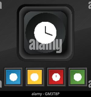 Icône de l'horloge mécanique symbole. Ensemble de cinq boutons coloré et élégant sur la texture noire pour votre conception. Vector Illustration de Vecteur
