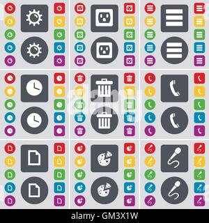 Gear, Socket, Apps, horloge, poubelle, récepteur, fichier, Pizza, icône de micro symbole. Un grand ensemble de télévision, boutons de couleur pour votre conception. Vector Illustration de Vecteur