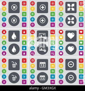 S'arrêter, Plus, plein écran, Drop, Photo, coeur, poubelle, calendrier, symbole signe moins. Un grand ensemble de télévision, boutons de couleur pour votre conception. Vector Illustration de Vecteur