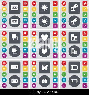Cd, microphone, de lumière, de copier, de Cœur, de la construction, de l'icône de batterie, Papillon symbole. Un grand ensemble de télévision, boutons de couleur pour vous Illustration de Vecteur