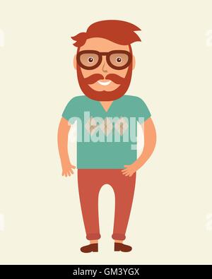 Homme hipster. Jeune homme barbe style plate illustration. Smiling man en tshirt et pantalon chino. Illustration de Vecteur