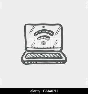 Ordinateur portable avec internet wifi icône croquis Illustration de Vecteur