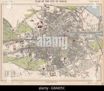 Ville antique de Dublin City map plan. Les stations de tram fer. LETTS 1889 Banque D'Images