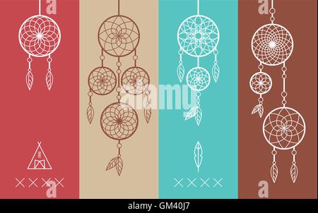 Dream Catcher boho ligne plate icons set Illustration de Vecteur