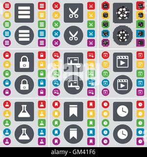Apps, ciseaux, Ball, verrou, photo, lecteur multimédia, fiole, marqueur, icône de l'horloge symbole. Un grand ensemble de télévision, boutons de couleur pour votre conception. Vector Illustration de Vecteur