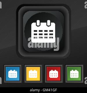 Calendrier, Date ou événement symbole icône de rappel. Ensemble de cinq boutons coloré et élégant sur la texture noire pour votre conception. Vector Illustration de Vecteur