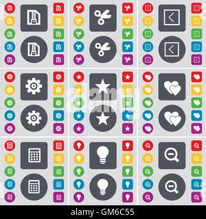Fichier ZIP, ciseaux, Flèche vers la gauche, engins, étoile, Cœur, Calculatrice, lampe, loupe symbole. Un grand ensemble de télévision, boutons de couleur pour votre conception. Vector Illustration de Vecteur