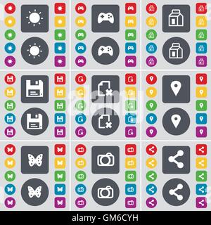 La lumière, Gamepad, l'emballage, disquette, fichier, Checkpoint, Papillon, Photo, icône Partager symbole. Un grand ensemble de télévision, boutons de couleur pour votre conception. Vector Illustration de Vecteur