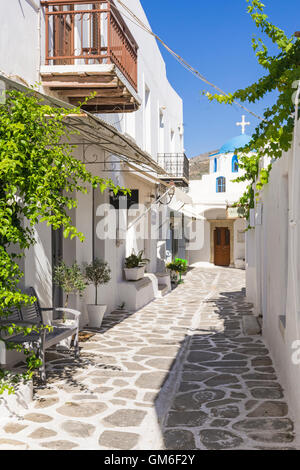 Vieilles rues blanchies à la chaux de la ville de Parikia, Paros, Cyclades, Grèce Banque D'Images