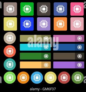 Icône de l'unité centrale de traitement. Schéma de la technologie symbole du cercle. Set de vingt sept boutons plats multicolores. Vector Illustration de Vecteur