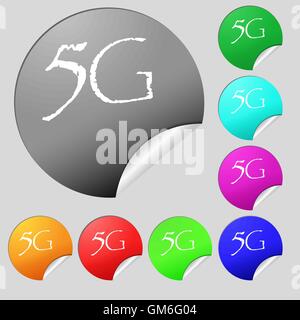 L'icône de connexion 5G. Symbole de la technologie de télécommunications mobiles. Ensemble de huit boutons ronds multicolores, autocollants. Vector Illustration de Vecteur
