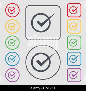 Icône de signe de validation. Case à cocher Bouton. Symboles sur les boutons ronds et carrés avec le bâti. Vector Illustration de Vecteur