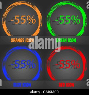 55  % de remise inscrivez-icône. Vente symbole. Offre Spéciale label. Style moderne à la mode. Dans l'orange, vert, bleu, rouge desig Illustration de Vecteur